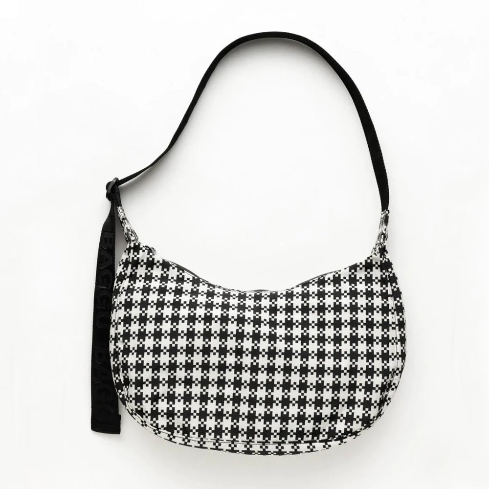 B&W Pixel Gingham Medium Nylon Crescent Bag